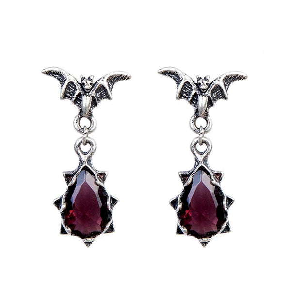 Gothic hanging bat earrings with red ruby stones