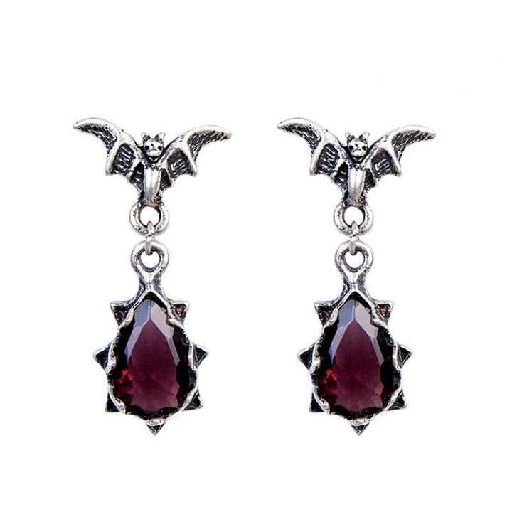 Gothic hanging bat earrings with red ruby stones
