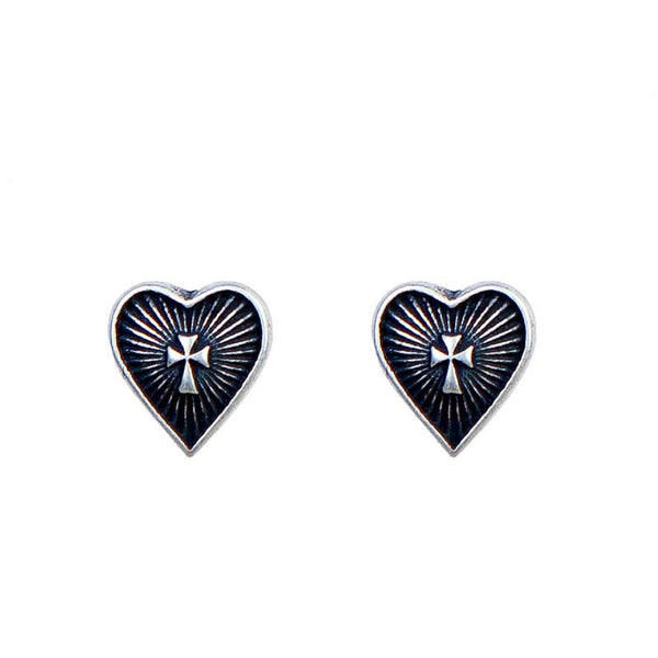 Silver Heart Earrings | Aged Sun Textured Cross by Demonmirror