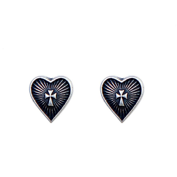 Silver Heart Earrings | Aged Sun Textured Cross by Demonmirror
