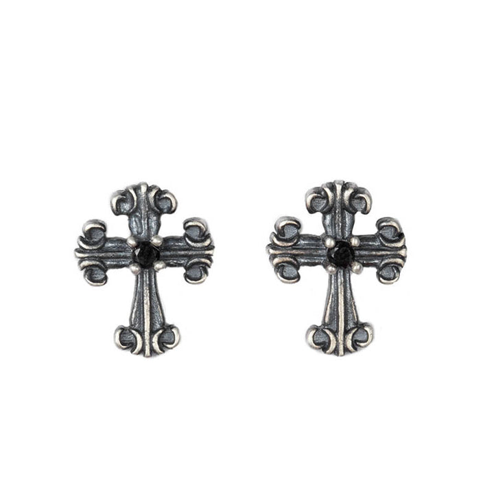 Cross Earrings | Silver Earrings with Black Stone by Demonmirror