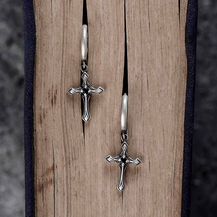 Gothic style sterling silver cross earrings featuring black stones-2