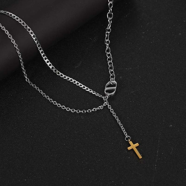 double chain necklace gold small cross pendant-3