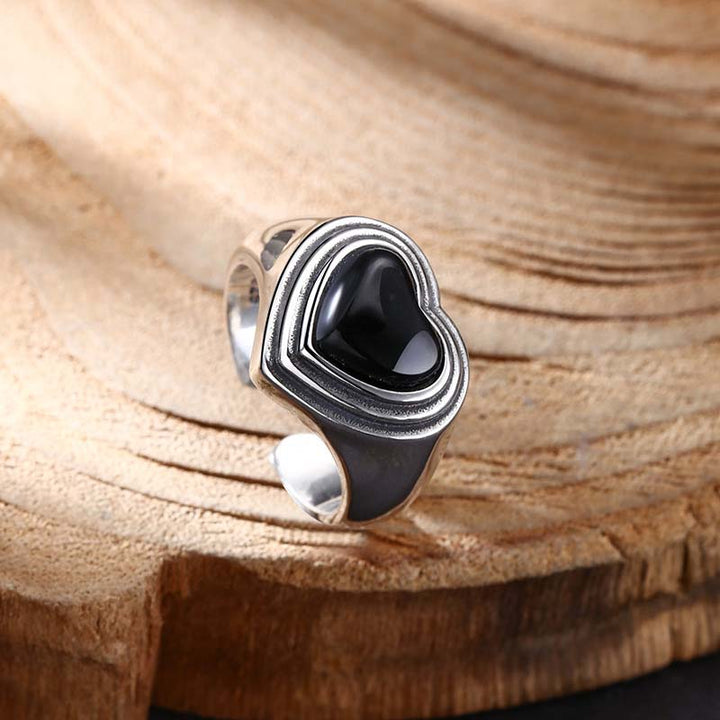 DemonMirror heart agate silver ring romantic style-2