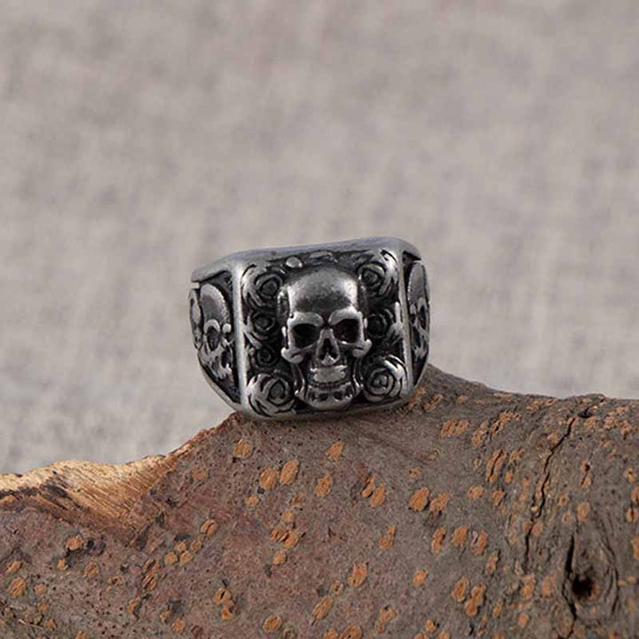 Vintage Rings | Engraved Rose Skull Ring by Demonmirror-2