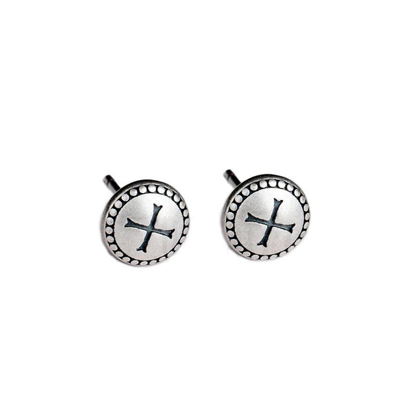 Gothic round stud earrings with black cross pattern