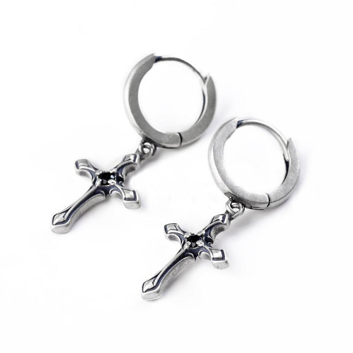 Gothic style sterling silver cross earrings featuring black stones-5