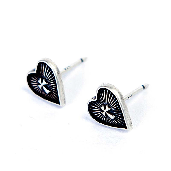 Silver Heart Earrings | Aged Sun Textured Cross by Demonmirror-6