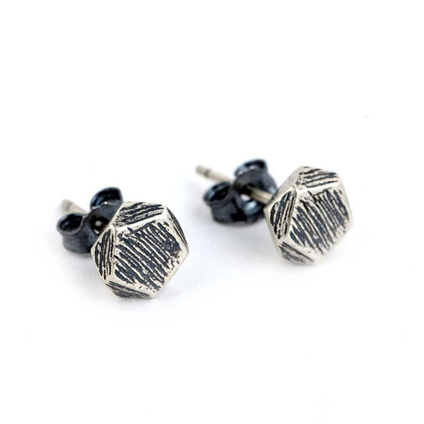 925 Silver Earrings | Scratched Pentagon Studs by Demonmirror