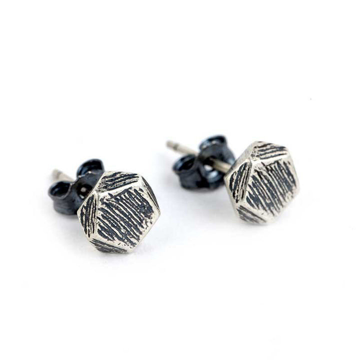 925 Silver Earrings | Scratched Pentagon Studs by Demonmirror