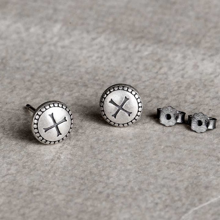 Gothic round stud earrings with black cross pattern-2