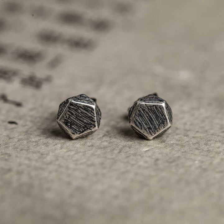 925 Silver Earrings | Scratched Pentagon Studs by Demonmirror-2