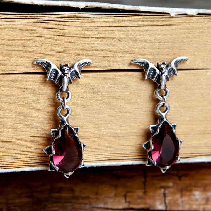 Gothic hanging bat earrings with red ruby stones-2