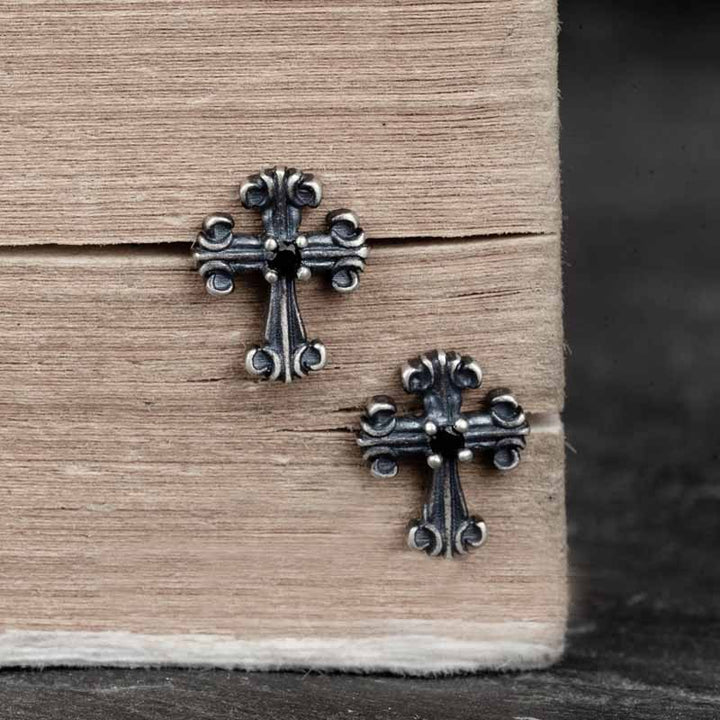 Cross Earrings | Silver Earrings with Black Stone by Demonmirror-2