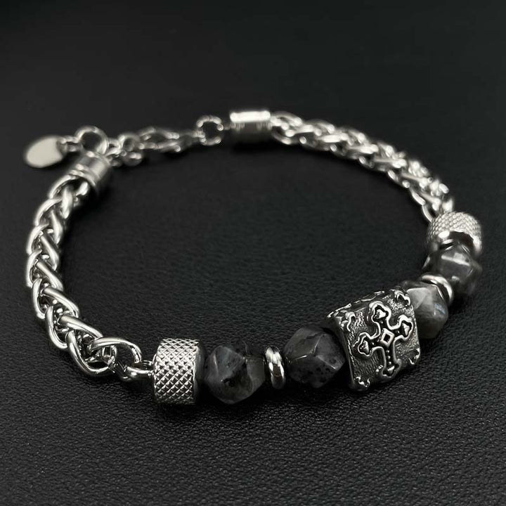 Stainless Steel Mens Bracelet | Cross Beads & Grey Natural Stones by Demonmirror-3