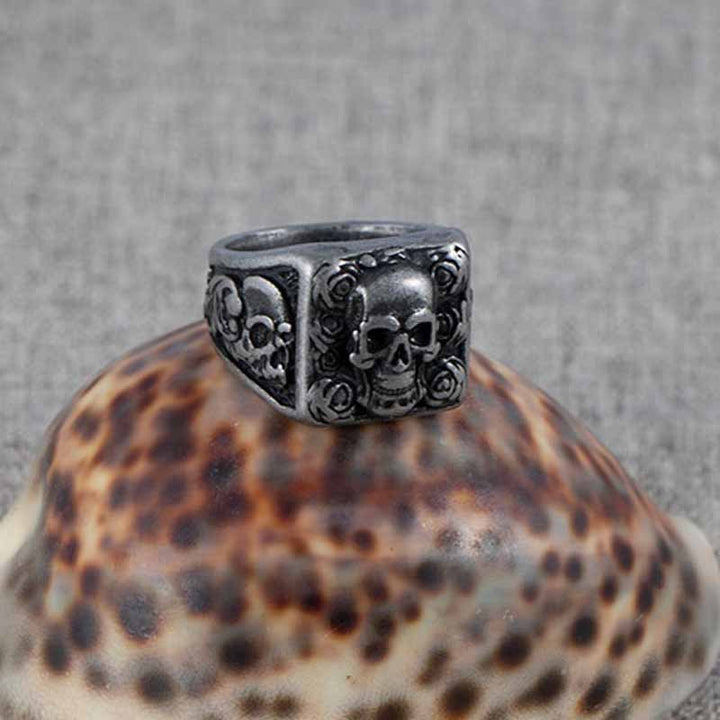Vintage Rings | Engraved Rose Skull Ring by Demonmirror-3
