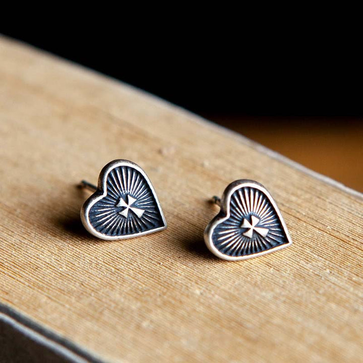 Silver Heart Earrings | Aged Sun Textured Cross by Demonmirror-2