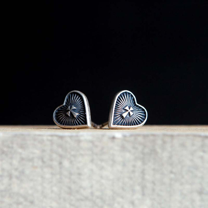 Silver Heart Earrings | Aged Sun Textured Cross by Demonmirror-3