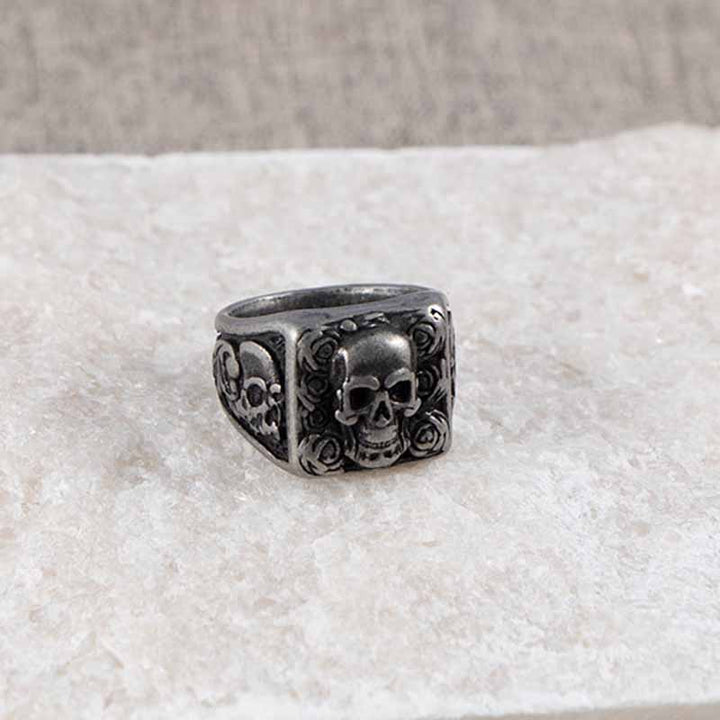 Vintage Rings | Engraved Rose Skull Ring by Demonmirror-4