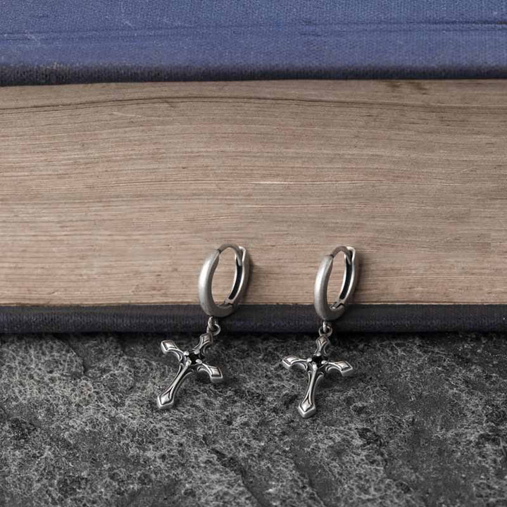 Gothic style sterling silver cross earrings featuring black stones-4
