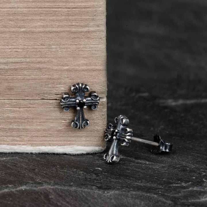 Cross Earrings | Silver Earrings with Black Stone by Demonmirror-3