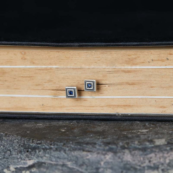 Square Earrings | 925 Silver with Blue Stones by Demonmirror-4