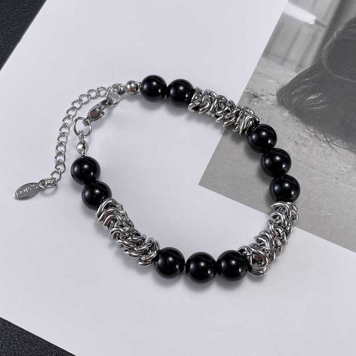 Black Onyx Bracelet | Stainless Steel Chain & Beads by Demonmirror-3