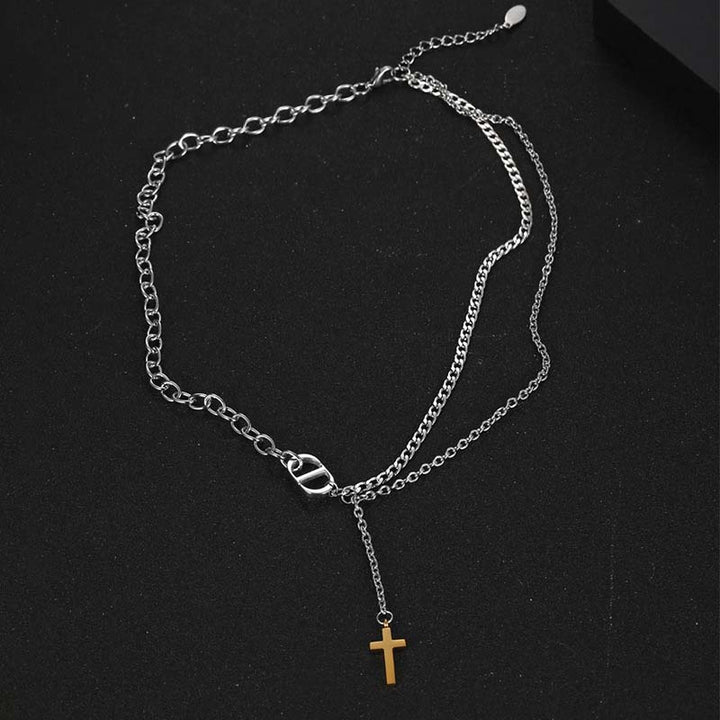 double chain necklace gold small cross pendant-4