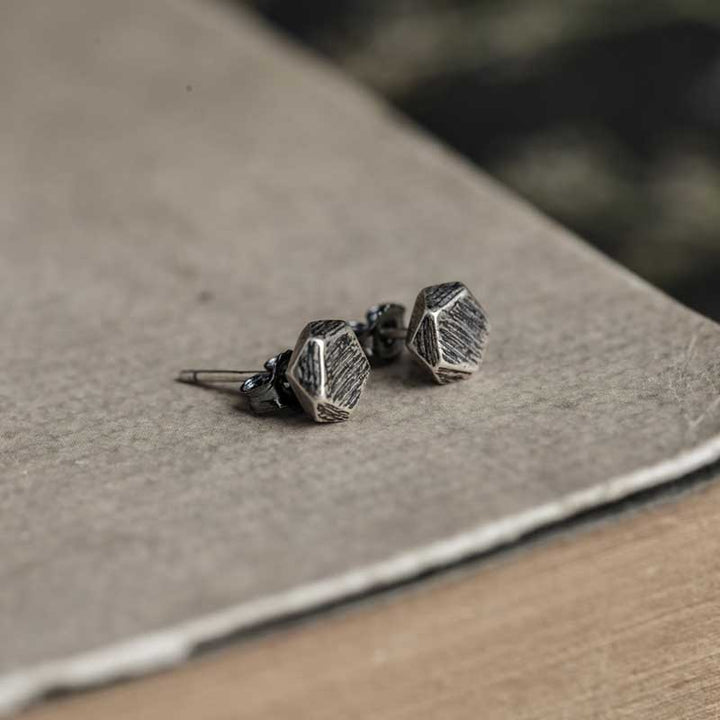 925 Silver Earrings | Scratched Pentagon Studs by Demonmirror-3