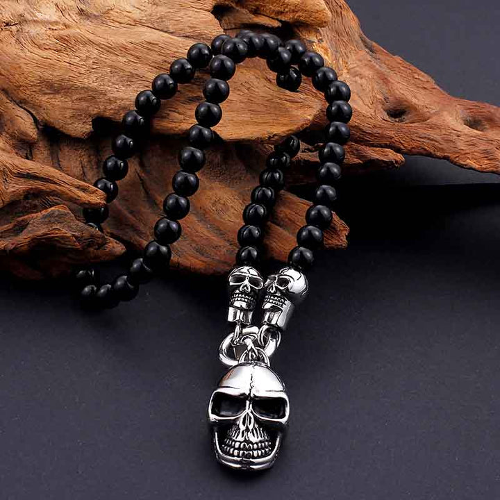 Skull Pendant with Black Bead Necklace by Demonmirror-2