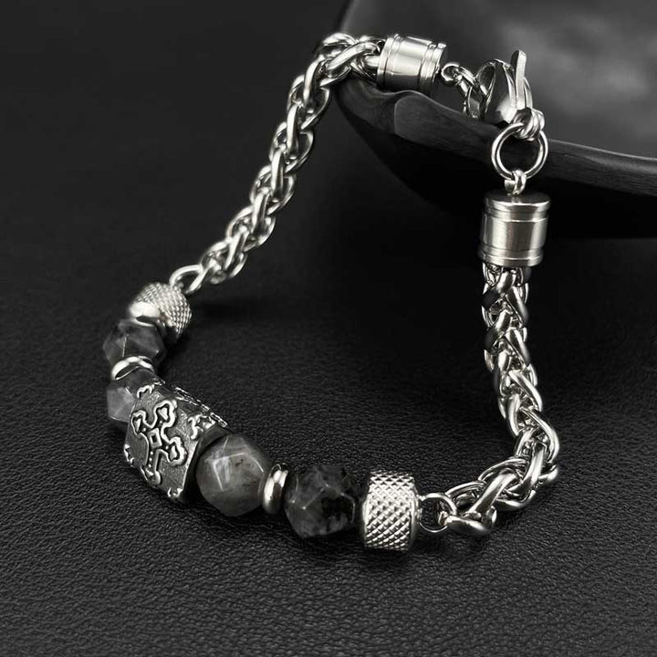 Stainless Steel Mens Bracelet | Cross Beads & Grey Natural Stones by Demonmirror-4