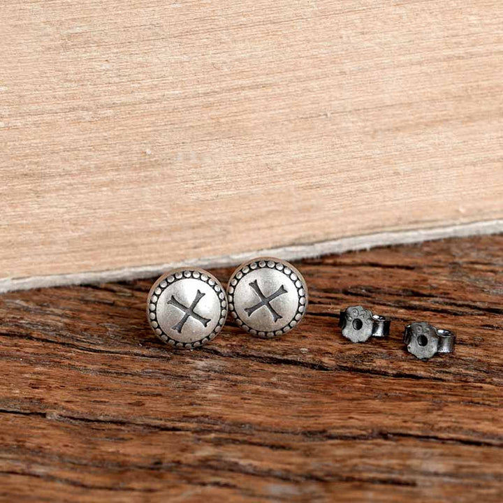Gothic round stud earrings with black cross pattern-3
