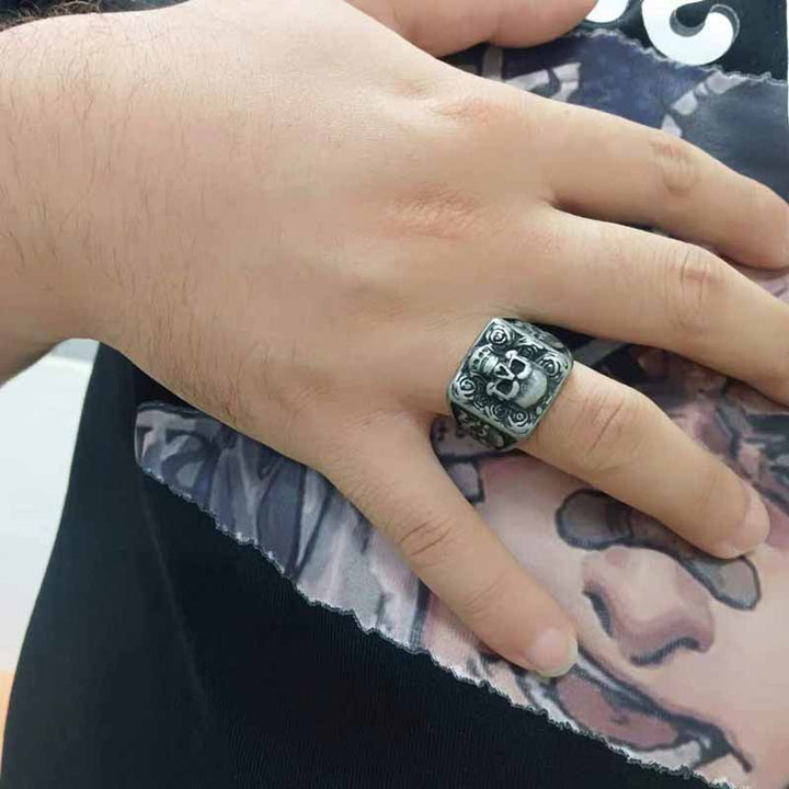 Vintage Rings | Engraved Rose Skull Ring by Demonmirror-7