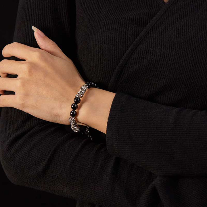 Black Onyx Bracelet | Stainless Steel Chain & Beads by Demonmirror-2