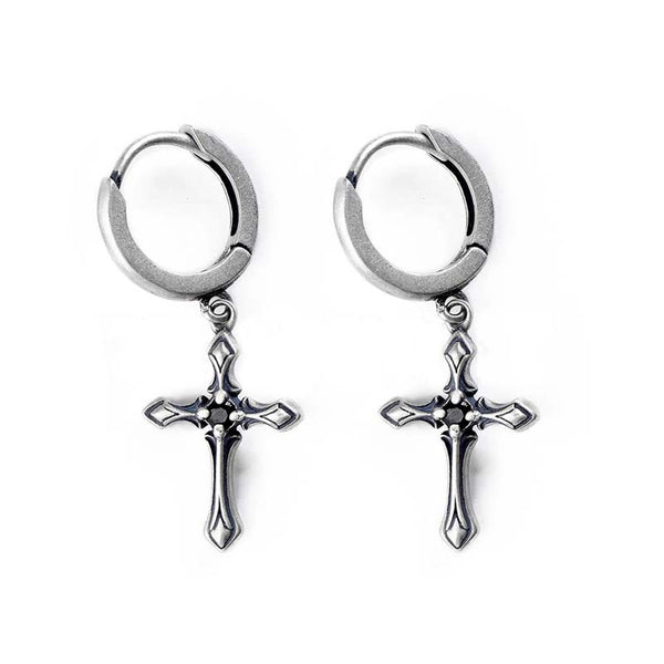 Gothic style sterling silver cross earrings featuring black stones