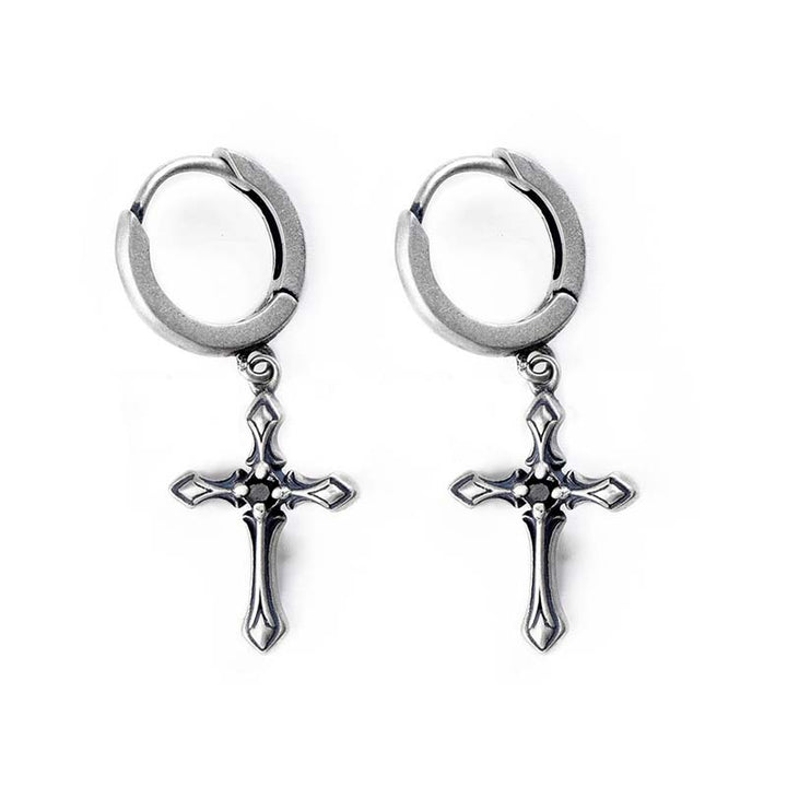 Gothic style sterling silver cross earrings featuring black stones