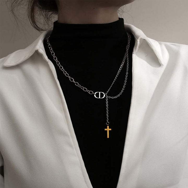 double chain necklace gold small cross pendant-2