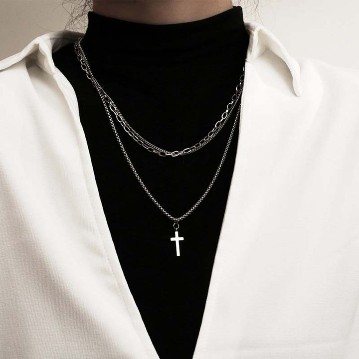 triple chain necklace stainless cross necklace-2