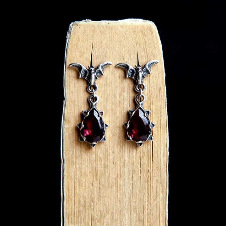Gothic hanging bat earrings with red ruby stones-3