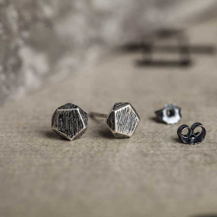 925 Silver Earrings | Scratched Pentagon Studs by Demonmirror-4