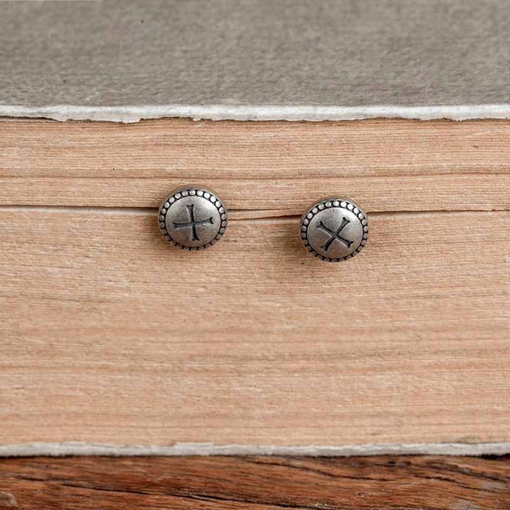 Gothic round stud earrings with black cross pattern-4