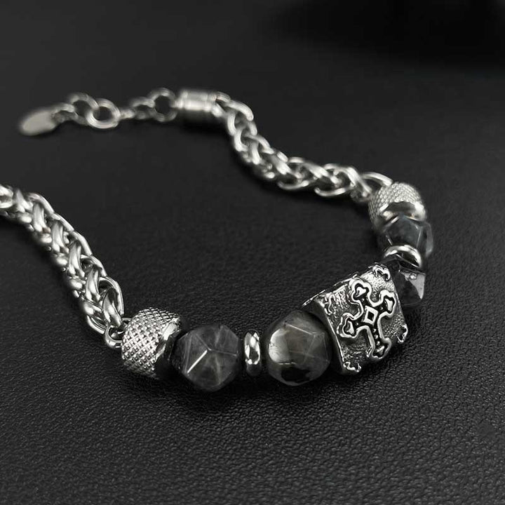 Stainless Steel Mens Bracelet | Cross Beads & Grey Natural Stones by Demonmirror-6