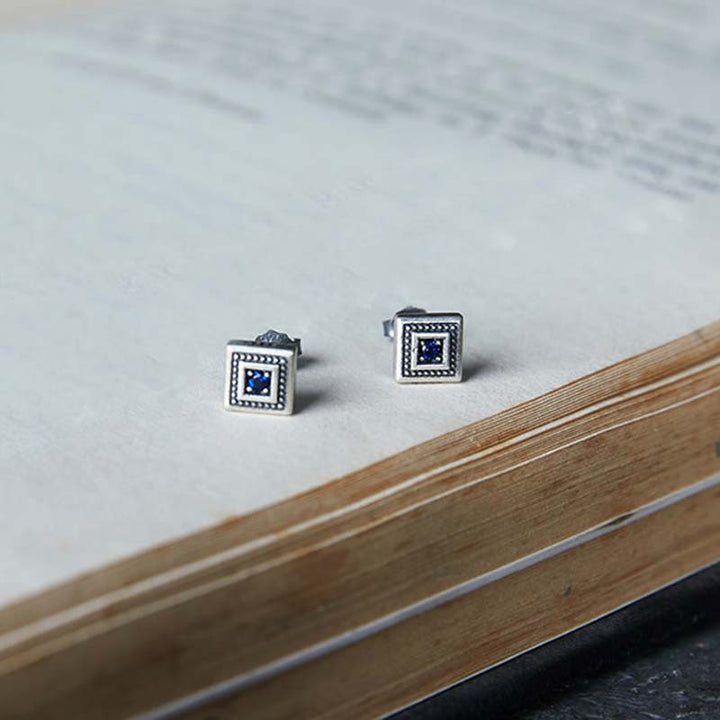 Square Earrings | 925 Silver with Blue Stones by Demonmirror-5