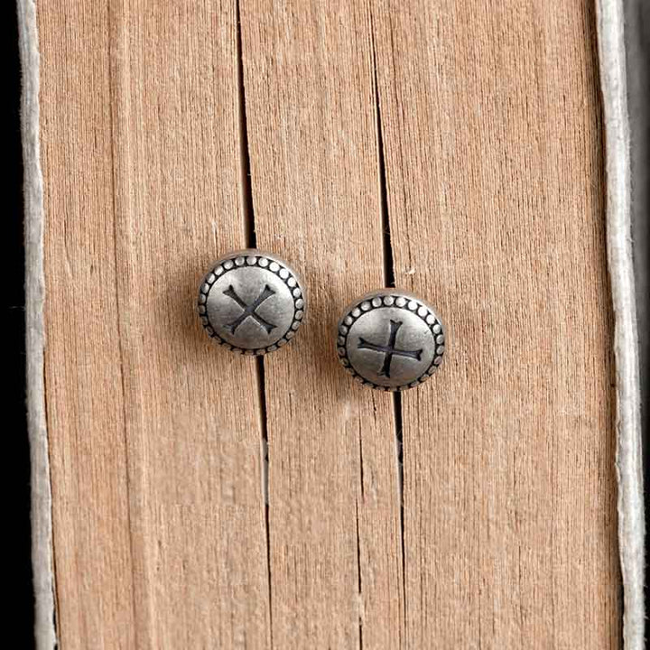 Gothic round stud earrings with black cross pattern-5