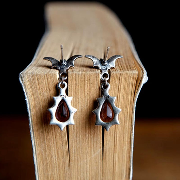 Gothic hanging bat earrings with red ruby stones-4