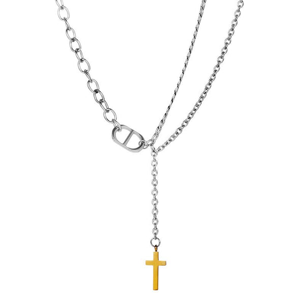 double chain necklace gold small cross pendant