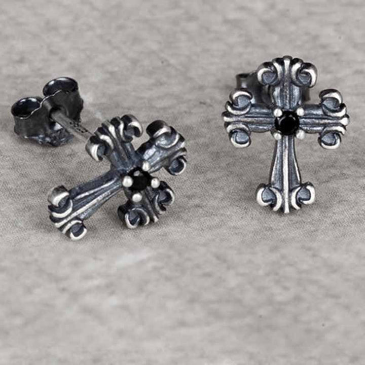 Cross Earrings | Silver Earrings with Black Stone by Demonmirror-5