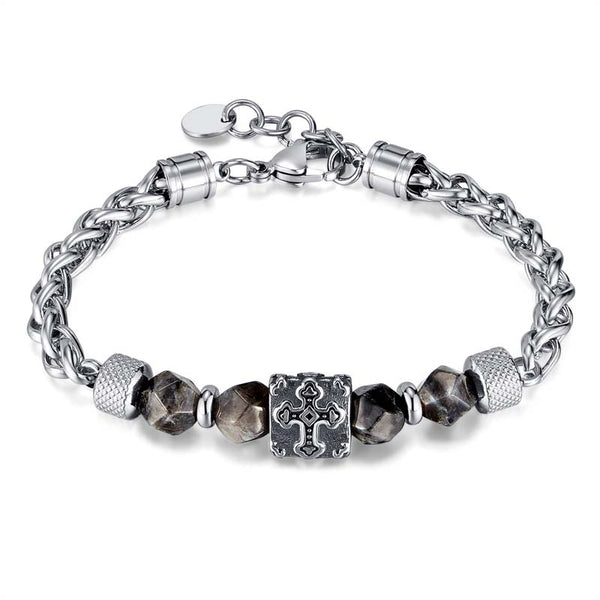 Stainless Steel Mens Bracelet | Cross Beads & Grey Natural Stones by Demonmirror