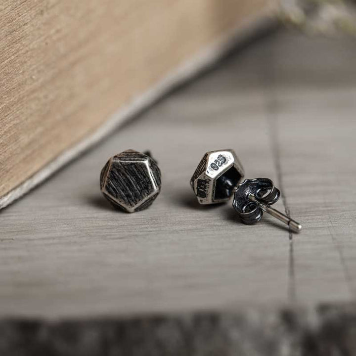 925 Silver Earrings | Scratched Pentagon Studs by Demonmirror-5