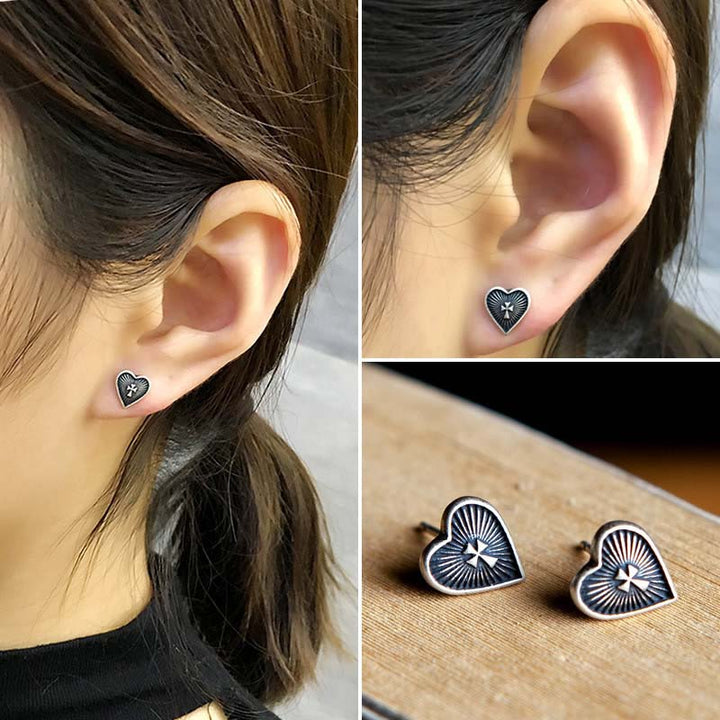 Silver Heart Earrings | Aged Sun Textured Cross by Demonmirror-5